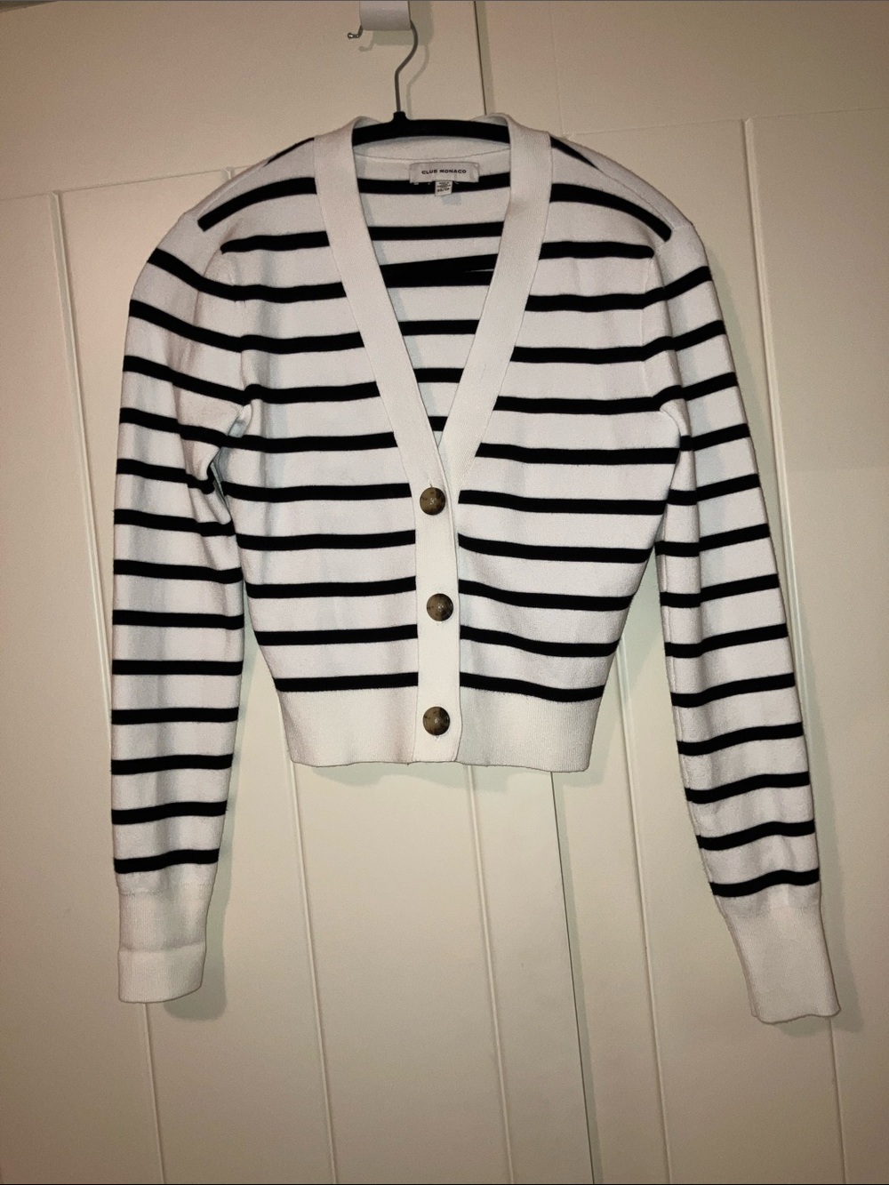 Club Monaco Black & White Striped V-Neck Button Cardigan XS